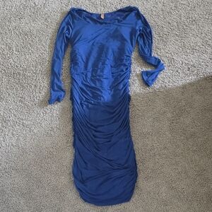 Long-Sleeve Royal Blue Ruched Midi Dress